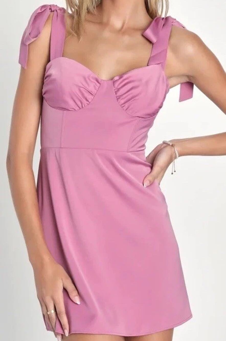 Lulus Sweetly Captivating Mauve Satin Bustier Tie-Strap Mini Dress Pink Sz M